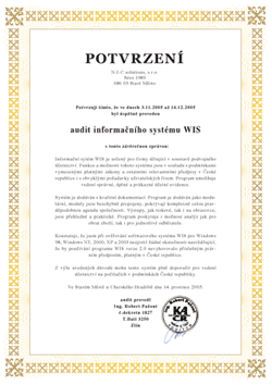 Certifikát WIS Certifikát WIS